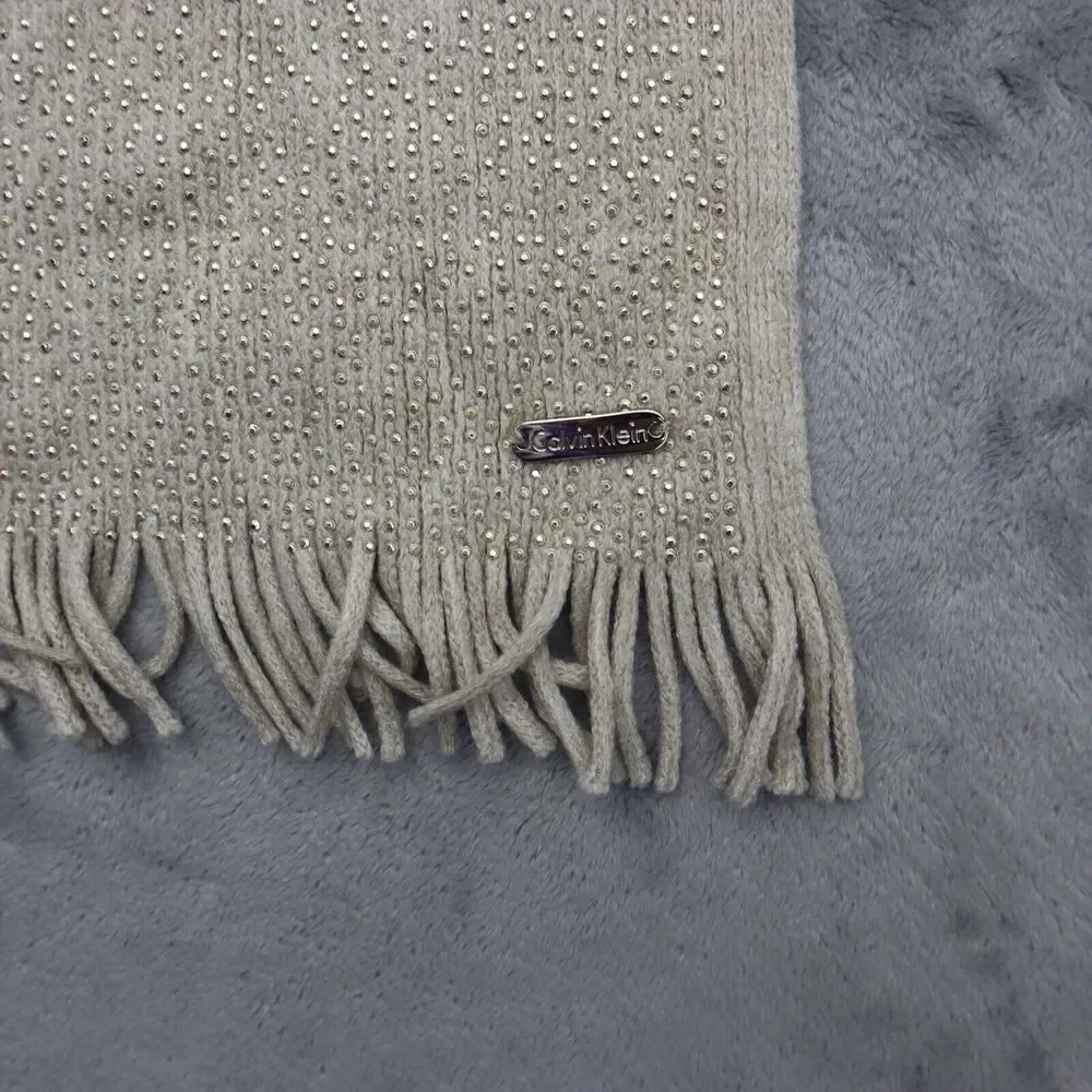 Calvin Klein Scarf Womens Brown Rectangle Beaded Fringe Knitted Outwear